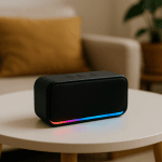 Compact bluetooth speaker in a cozy small apartment interior