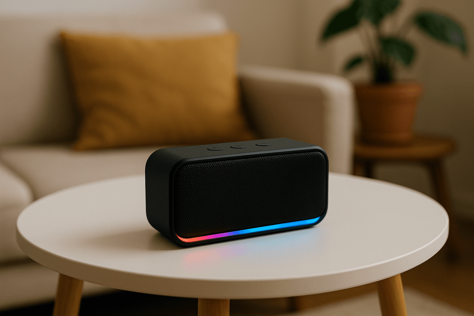 Altavoz bluetooth compacto en el interior de un acogedor apartamento pequeño