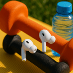 Wireless earbuds on gym equipment background