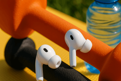 Wireless earbuds on gym equipment background