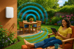 A vibrant backyard patio scene featuring a weatherproof outdoor Wi-Fi access point mounted on a garden wall, with stylized signal waves radiating across the lawn, lush greenery, and a person relaxing with a tablet device