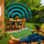 A vibrant backyard patio scene featuring a weatherproof outdoor Wi-Fi access point mounted on a garden wall, with stylized signal waves radiating across the lawn, lush greenery, and a person relaxing with a tablet device