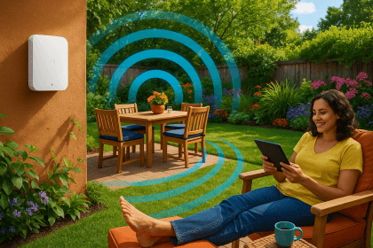 A vibrant backyard patio scene featuring a weatherproof outdoor Wi-Fi access point mounted on a garden wall, with stylized signal waves radiating across the lawn, lush greenery, and a person relaxing with a tablet device