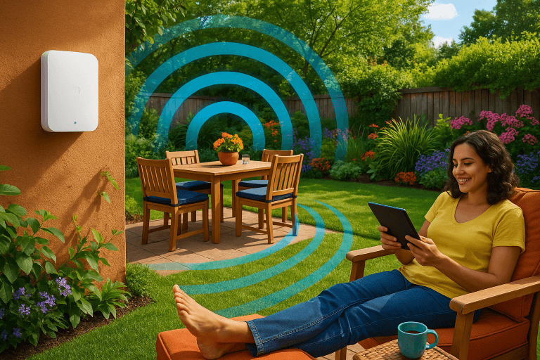 Una vivace scena di cortile con un punto di accesso Wi-Fi esterno resistente alle intemperie montato su un muro del giardino, con onde di segnale stilizzate che si irradiano sul prato, una vegetazione rigogliosa e una persona che si rilassa con un dispositivo tablet.