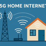 5G home internet technology illustration showing wireless signal transmission from cell tower to home router