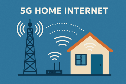 5G home internet technology illustration showing wireless signal transmission from cell tower to home router