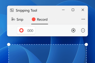 Windows 11 Snipping Tool screen recording interface, capturing a selected desktop region without third-party software
