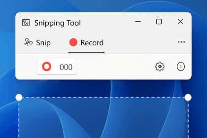 Windows 11 Snipping Tool screen recording interface, capturing a selected desktop region without third-party software