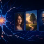 Digital artwork showing neural network patterns and creative images generated by AI in 2025.