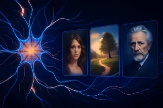 Digital artwork showing neural network patterns and creative images generated by AI in 2025.