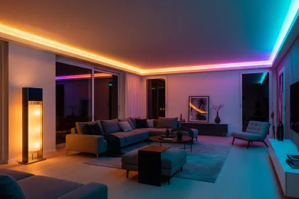 A dynamic living room is transformed by vibrant, colorful smart LED strip lighting along the ceiling and behind furniture, creating a customizable and modern ambiance.