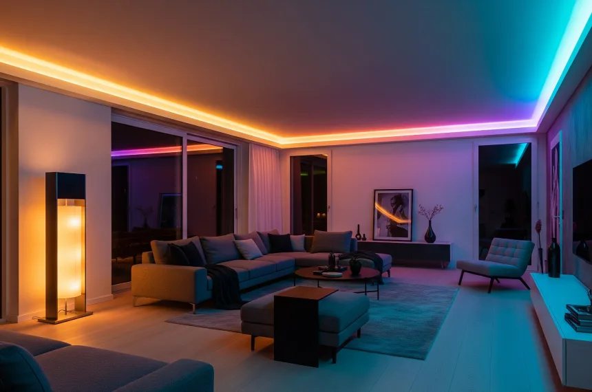 A dynamic living room is transformed by vibrant, colorful smart LED strip lighting along the ceiling and behind furniture, creating a customizable and modern ambiance.