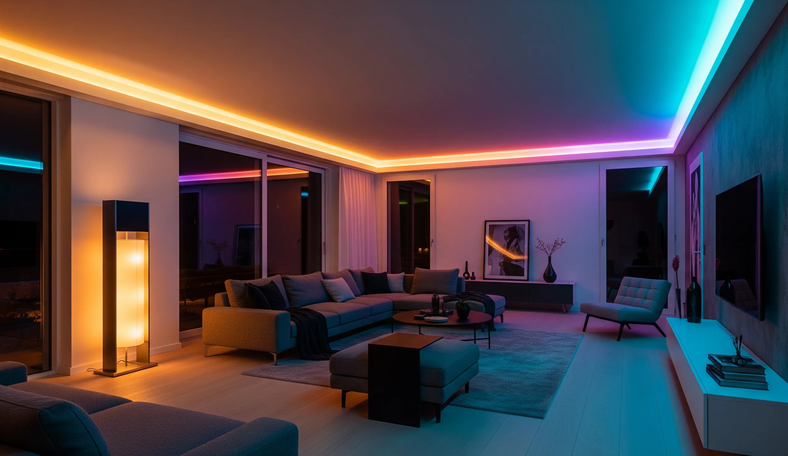 Customizable Ambiance with Smart LED Strip Lighting Un salon dynamique est transformé par des bandes lumineuses LED intelligentes, colorées et vibrantes, le long du plafond et derrière les meubles, créant ainsi une ambiance moderne et personnalisable.
