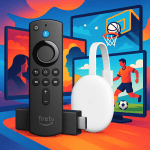 Comparison image of Amazon Firestick and Google Chromecast streaming devices with movie and sports icons in the background.