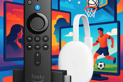 Comparison image of Amazon Firestick and Google Chromecast streaming devices with movie and sports icons in the background.