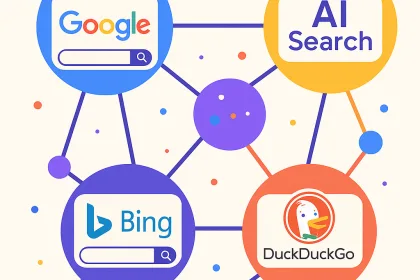 Network of search engine icons (Bing, DuckDuckGo, AI search) interconnected on a modern digital background