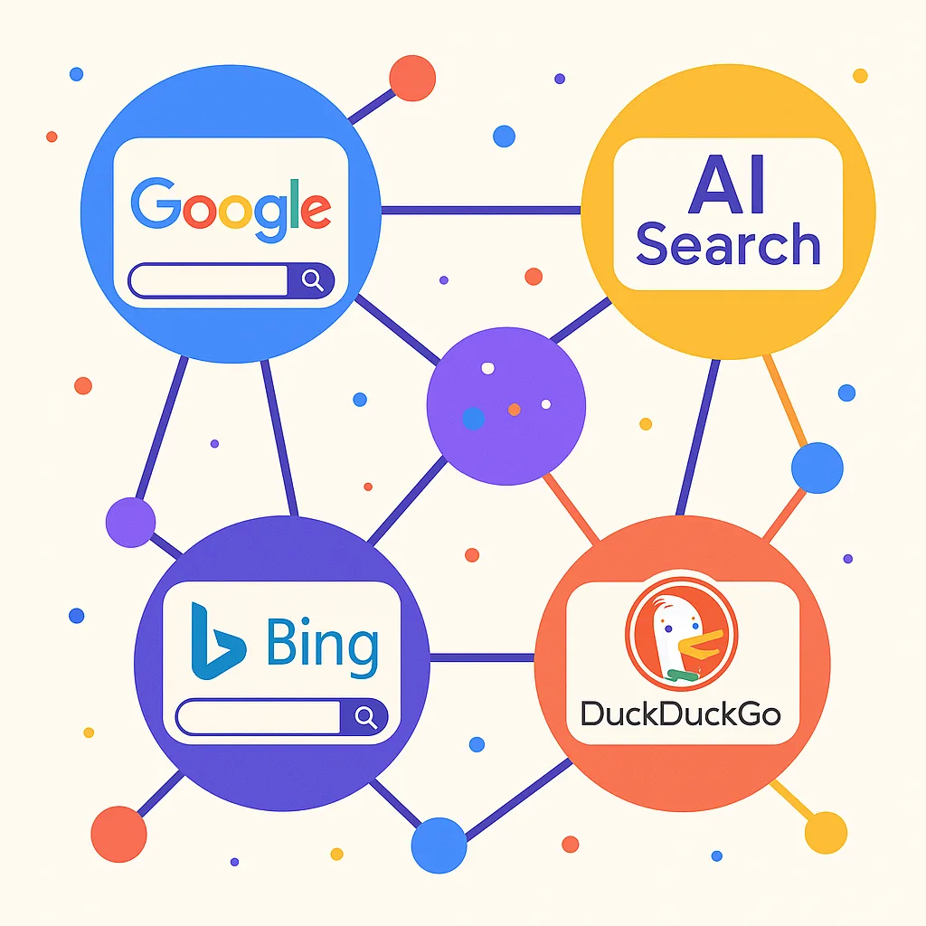 Red de iconos de motores de búsqueda (Bing, DuckDuckGo, AI search) interconectados sobre un moderno fondo digital