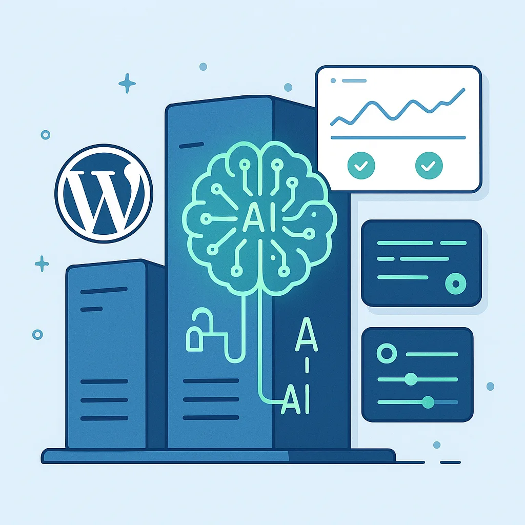 Tableau de bord de gestion VPS alimenté par l'IA montrant la surveillance automatisée de l'hébergement WordPress et les outils d'optimisation du serveur pour les débutants en 2025.