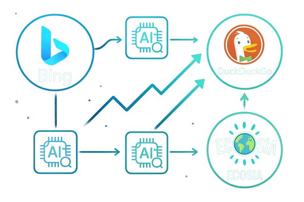 Interconnected network diagram showing Bing, DuckDuckGo, Ecosia, and AI search engine logos with growth arrows representing alternative SEO opportunities in 2025