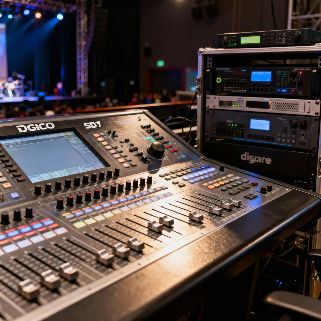 Console audio DiGiCo SD7 e server multimediali disguise in una sala di controllo per concerti