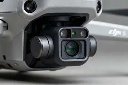 Close-up view of DJI Mini 5 Pro showcasing 1-inch sensor and LiDAR