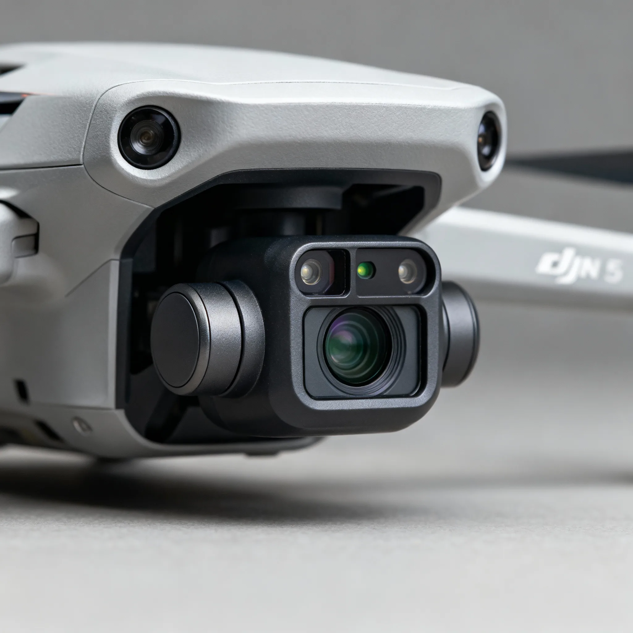 Vista ravvicinata del DJI Mini 5 Pro che mostra il sensore da 1 pollice e il LiDAR