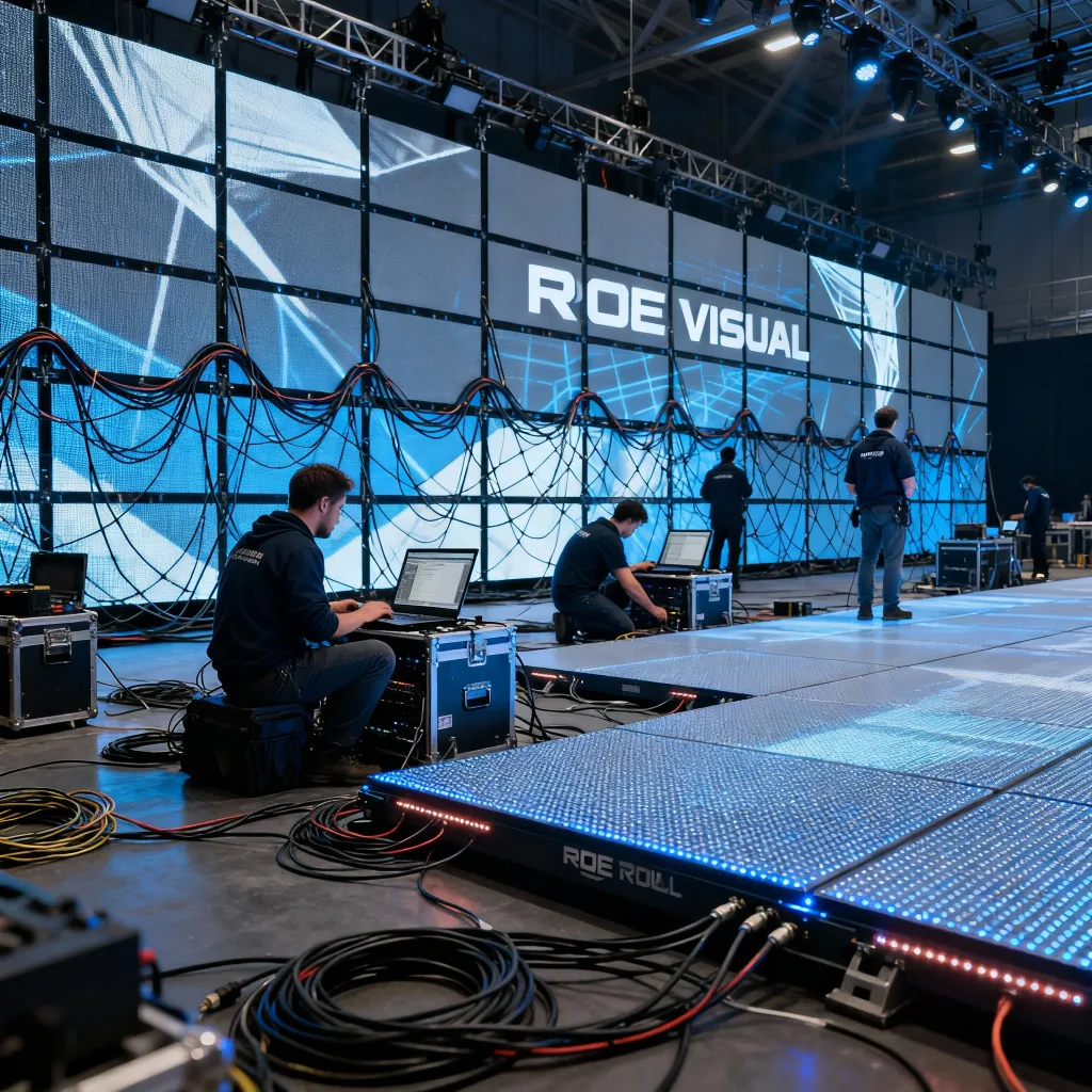 Sala de control de conciertos con servidores multimedia disguise y consolas de iluminación grandMA3