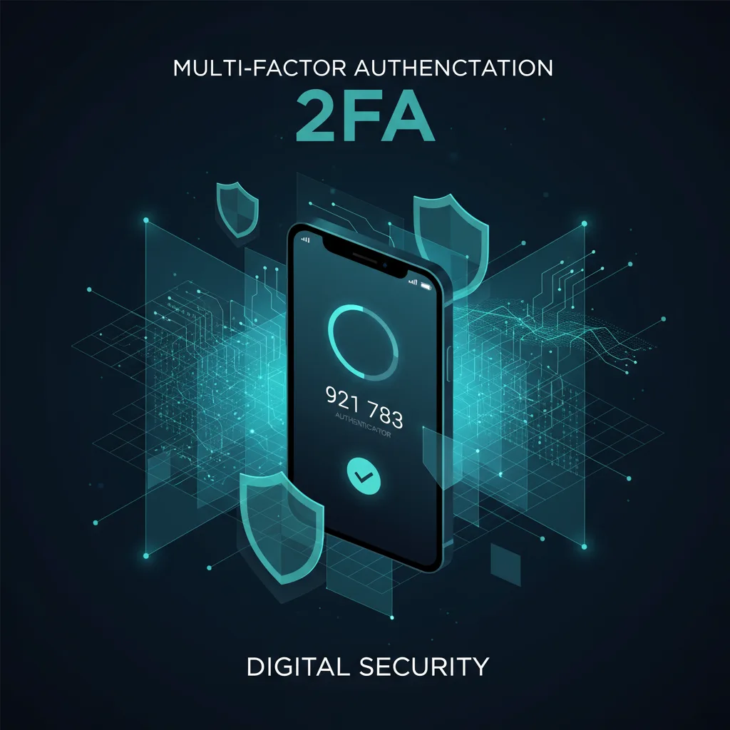 Multi-factor authentication security illustration with authenticator app and security verification layers protecting Debian 12 server access