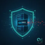 Debian 12 server protected by multi-layered firewall and security hardening components with teal and dark blue security architecture diagram