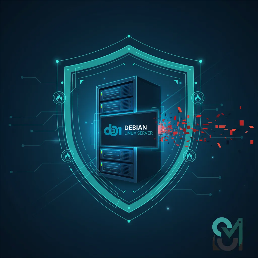 Debian 12 server protected by multi-layered firewall and security hardening components with teal and dark blue security architecture diagram
