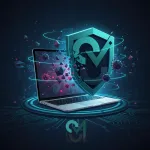 Ilustración de un escudo de seguridad digital que protege un ordenador de amenazas de malware y ciberataques, simbolizando la protección de datos y las medidas de seguridad del sistema.