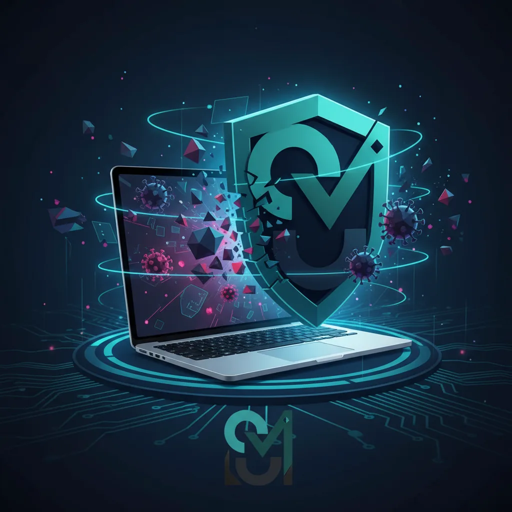 Digital security shield illustration protecting a computer from malware threats and cyber attacks, symbolizing data protection and system security measures