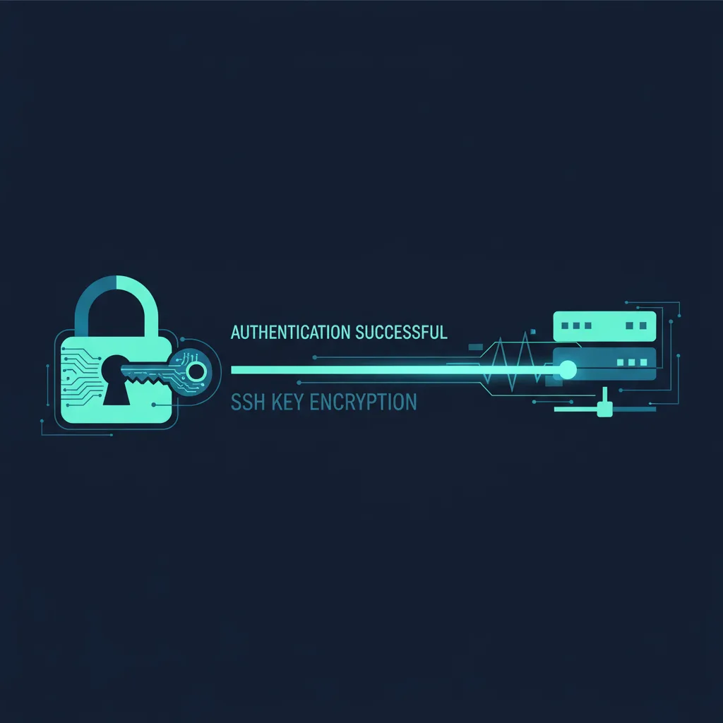 Secure SSH key authentication illustration with locked cryptographic key symbol and encrypted connection protecting Debian 12 server access