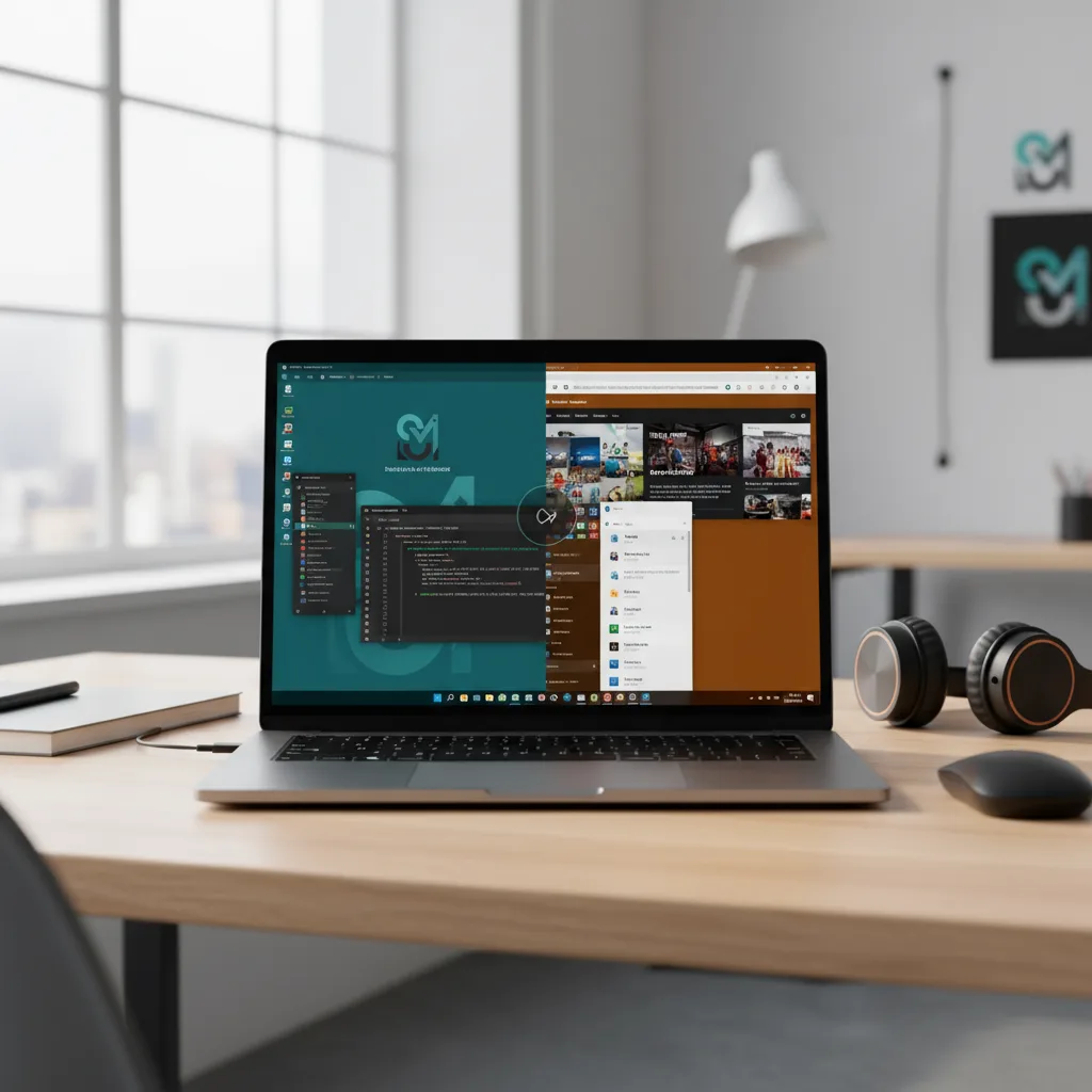 Modern laptop screen showing split-screen view with Ubuntu Linux desktop on one side and Windows 10 interface on the other, demonstrating dual boot operating system configuration