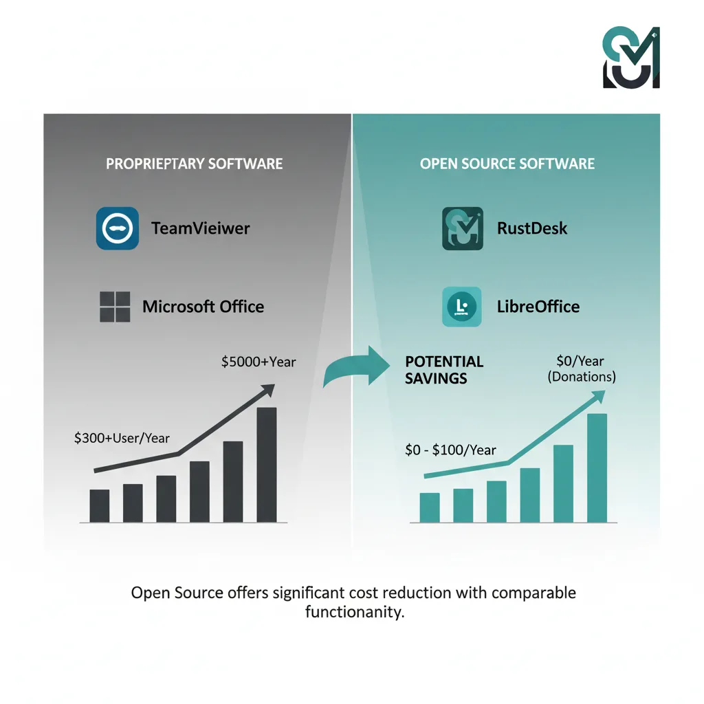 Professional infographic comparing costs between proprietary software like TeamViewer and Microsoft Office versus open source alternatives RustDesk and LibreOffice, showing annual savings percentages and dollar amounts with upward trending graphs in teal and dark blue colors