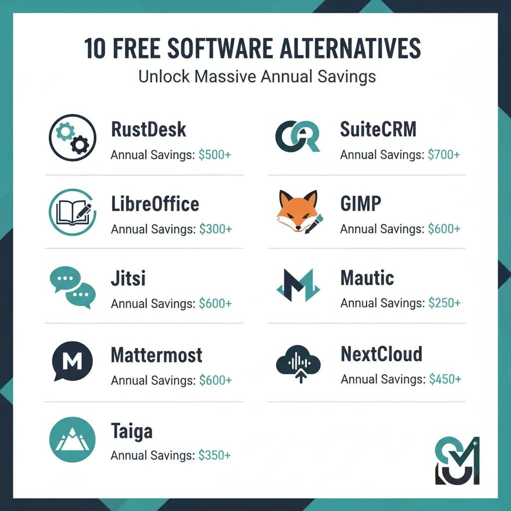 Infographic displaying 10 free software alternatives including RustDesk (TeamViewer replacement), LibreOffice (Microsoft Office alternative), Jitsi (Zoom free alternative), Mattermost (Slack alternative), Taiga (Trello replacement), SuiteCRM (Salesforce open source), GIMP and Inkscape (Adobe Creative Cloud alternatives), Mautic (Mailchimp free version), Wave (QuickBooks alternative), and NextCloud (Dropbox replacement) with annual cost savings per tool for 10-user businesses