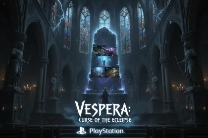 Gothic PlayStation game character with cloaked figure holding firearm in eerie nighttime setting, featuring Graham Miranda logo watermark