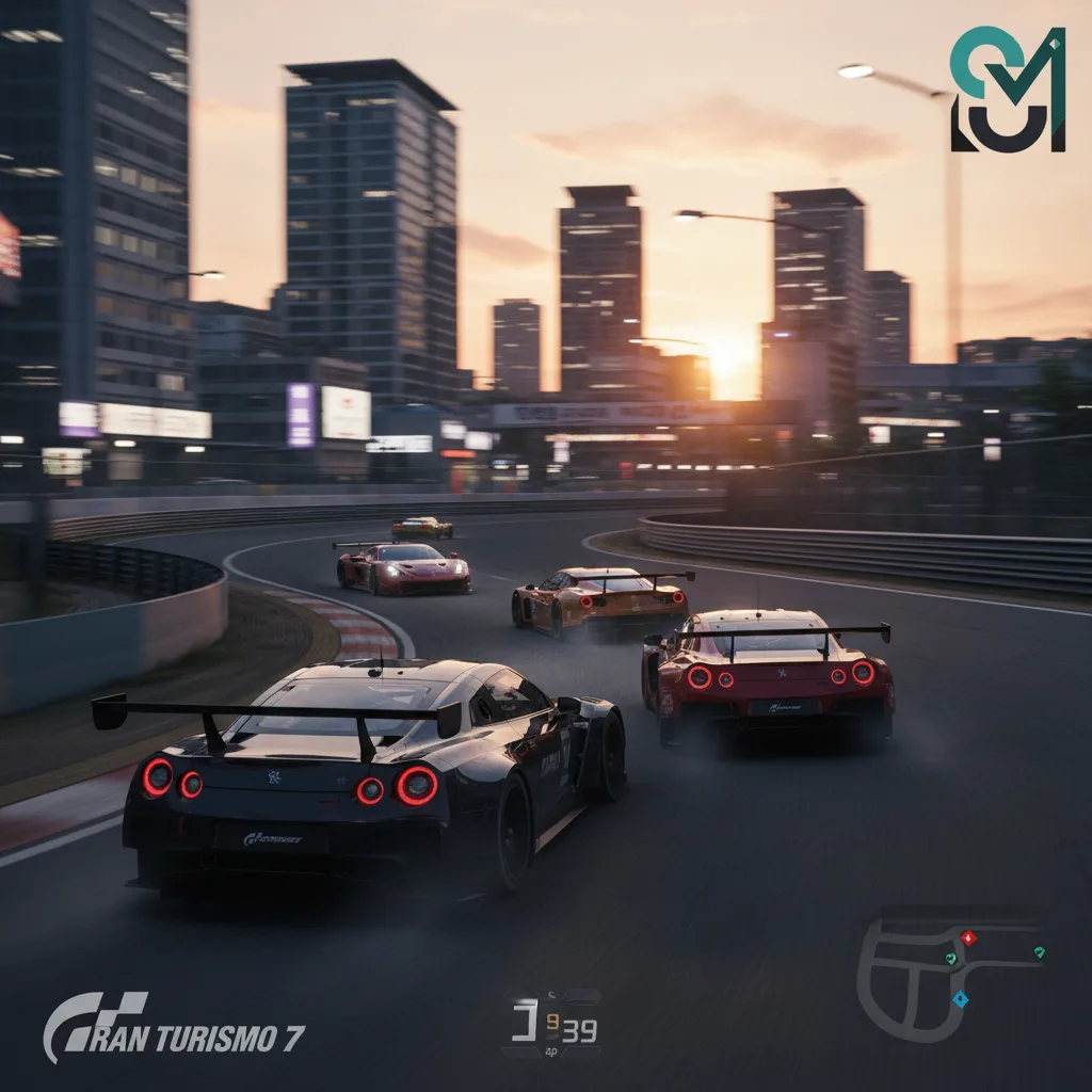 Two white racing cars speeding on racetrack with sunset sky backdrop, featuring Graham Miranda logo watermark overlay
