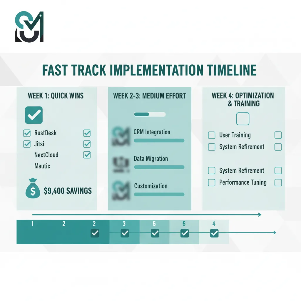 4-week software migration implementation roadmap showing Week 1 quick wins (RustDesk, Jitsi, NextCloud, Mautic) with $9,400 savings and 1-day setup times, Week 2-3 medium effort phase (LibreOffice, Taiga, Wave, Mattermost) with 1-2 week setup, and Month 2 optional tools (design software, additional migration). Visual includes checkboxes for task tracking, timeline indicators, difficulty ratings, and company logo watermark in professional teal and navy colors.