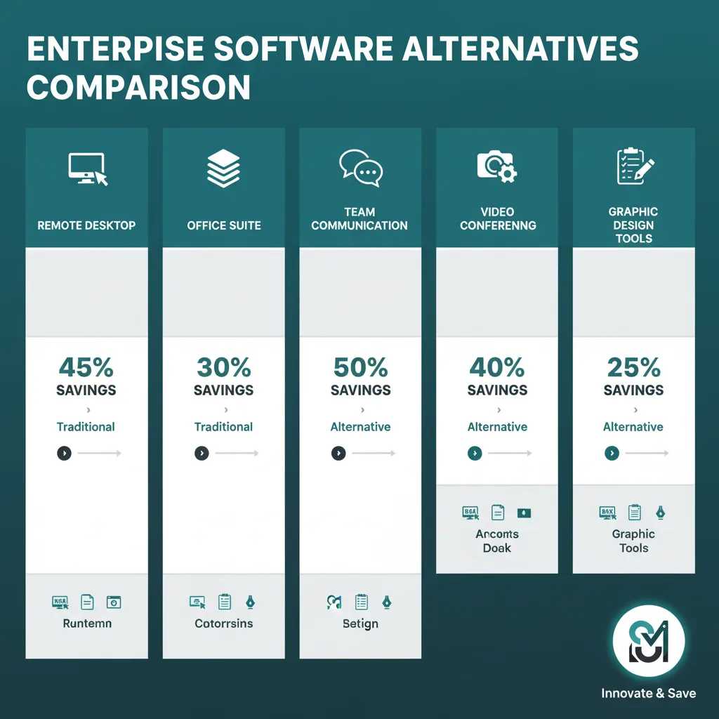 Comprehensive comparison visual showing seven major software categories with proprietary and open source alternatives side-by-side: remote desktop (TeamViewer/RustDesk), office productivity (Microsoft 365/LibreOffice), team communication (Slack/Mattermost), video conferencing (Zoom/Jitsi), CRM systems (Salesforce/SuiteCRM), project management (Trello/Taiga), and graphic design (Adobe/GIMP Inkscape), each labeled with potential cost savings percentages in professional teal and navy colors.