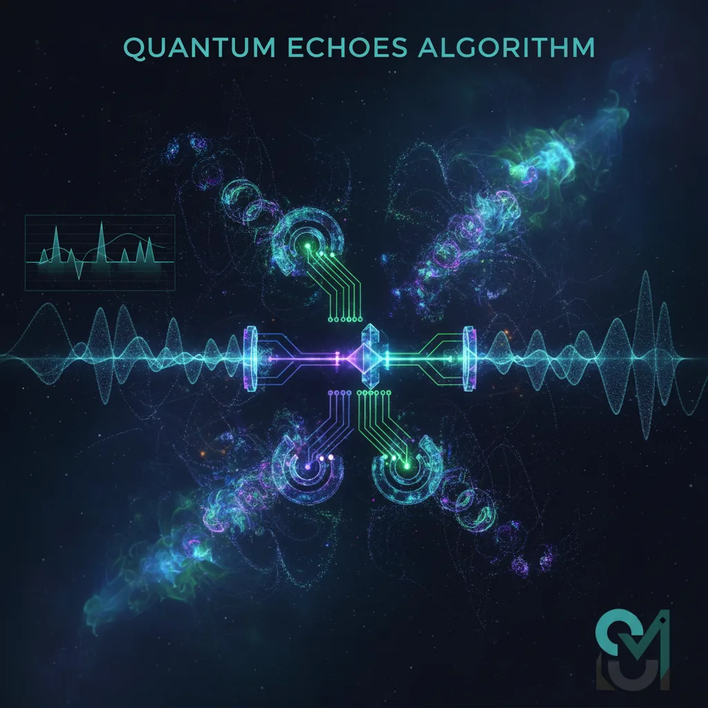 Visualization of Quantum Echoes algorithm showing forward signal evolution, qubit perturbation, reverse evolution, and echo measurement process demonstrating quantum interference patterns"