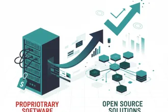 Business transformation visual showing the migration journey from expensive proprietary software solutions to open source alternatives, featuring a checkmark symbol, upward-pointing arrow, success indicators, and company logo watermark in professional teal and dark blue design.