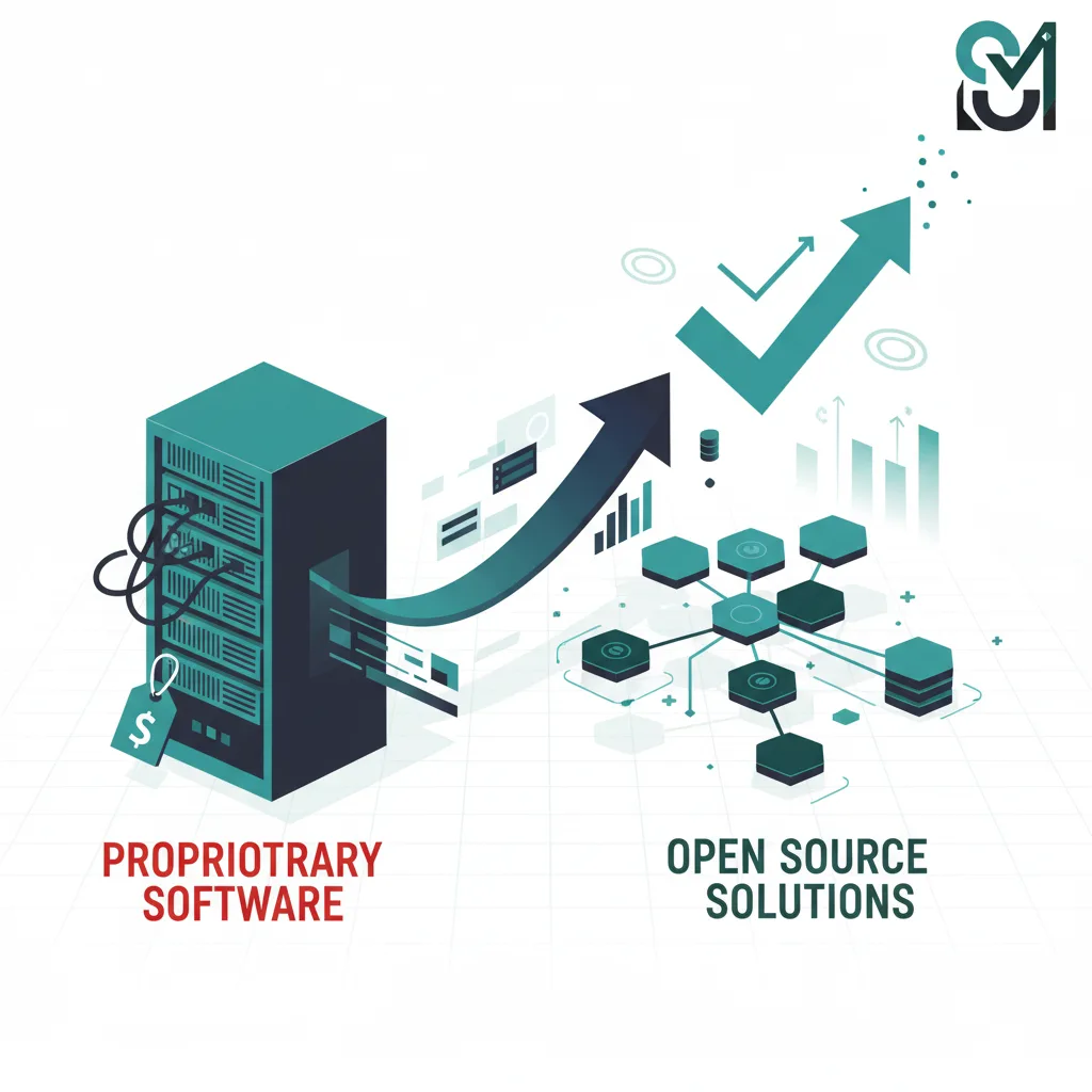 Business transformation visual showing the migration journey from expensive proprietary software solutions to open source alternatives, featuring a checkmark symbol, upward-pointing arrow, success indicators, and company logo watermark in professional teal and dark blue design.