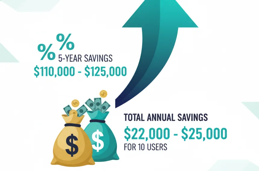 Financial savings visualization showing annual cost reduction of $22,000-$25,000 for a 10-person business switching to free software alternatives, with 5-year total savings of $110,000-$125,000. Image includes upward trending arrow, money bag icons, percentage increase symbols, ROI comparison chart, and company logo watermark in teal and dark navy professional colors.