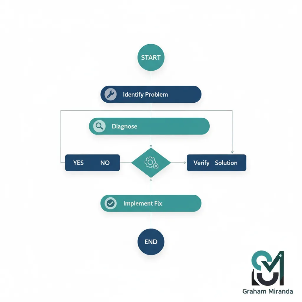 Server troubleshooting workflow flowchart with Graham Miranda logo showing systematic approach to resolving Virtualmin and Debian 12 errors
