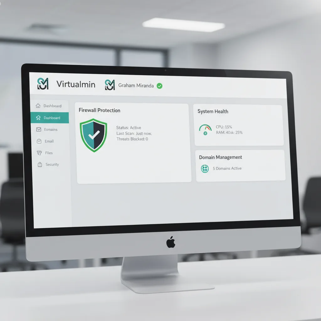 Virtualmin control panel dashboard interface with firewall protection shield and Graham Miranda verification logo for Debian 12 server management