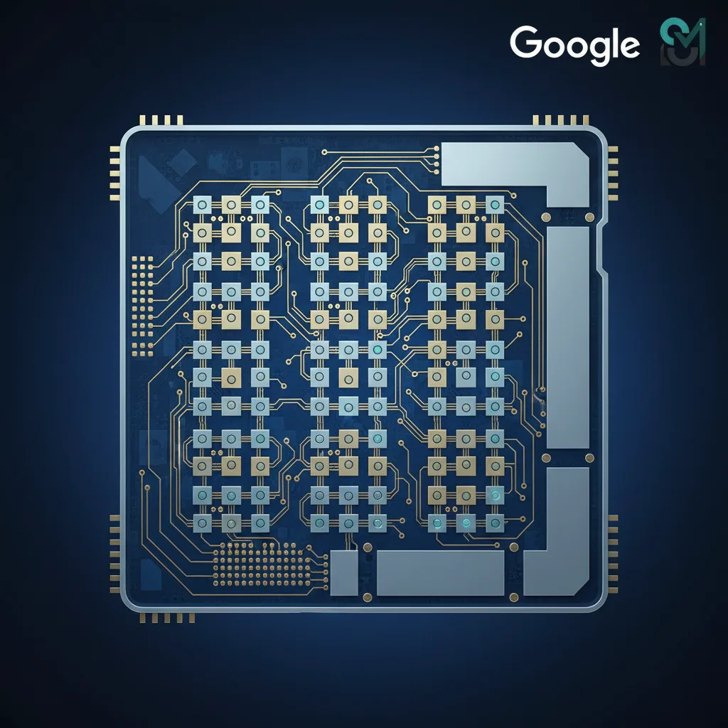 Detailed technical illustration of Google Willow quantum chip showing 105-qubit superconducting architecture with quantum gates and circuit design elements