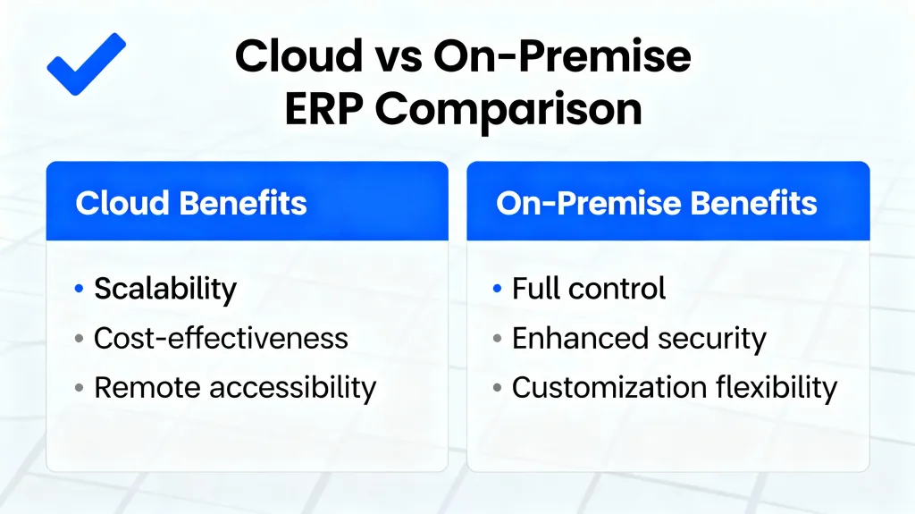 Cloud ERP versus on-premise deployment comparison showing advantages of each model for small business decision-making