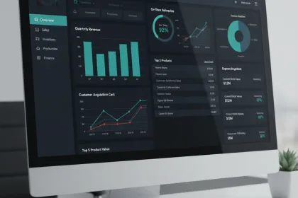 Professional ERP dashboard showing real-time business analytics and financial metrics for small business management