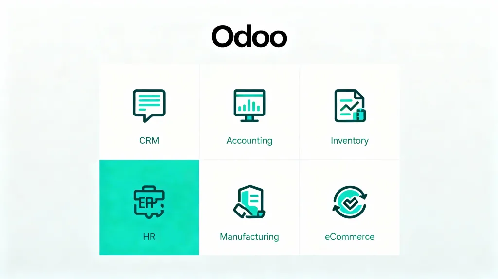Odoo ERP module showcase displaying CRM, Accounting, Inventory, HR, Manufacturing, and eCommerce applications in modular grid layout
